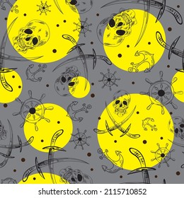 Pirate skulls, swords, anchors and wheels seamless pattern. Vector illustration.