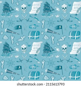 Pirate skulls, swords, islands and sailing ship seamless pattern. Vector illustration.