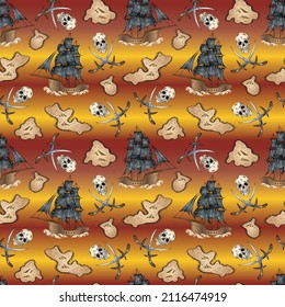 Pirate skulls, swords, islands and sailing ship seamless pattern. Vector illustration.