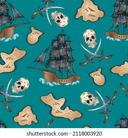 Pirate skulls, swords, islands and sailing ship seamless pattern. Vector illustration.