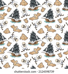Pirate skulls, swords, islands and sailing ship seamless pattern. Vector illustration.