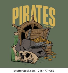 Pirate skulls and treasure. Realistic illustration