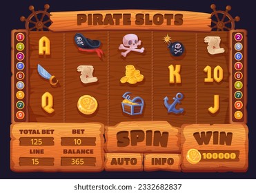 Pirate slots. Pirates web casino game slot on wood board, gaming frame ui menu elements for games app, spin coin anchor or skull on wooden background, vector illustration of casino pirate game