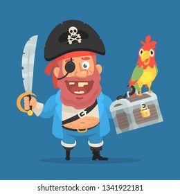 Pirate smiles holding parrot sword and suitcase with treasure. Funny character. Vector Illustration