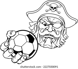 A pirate soccer football sports mascot cartoon character holding a ball 