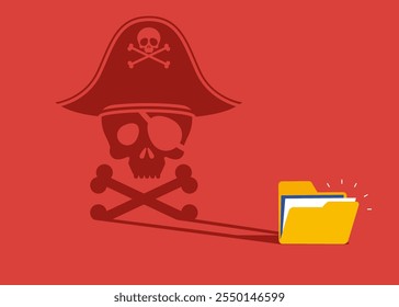 Carpeta de software pirata proyectando una sombra con cráneo y huesos cruzados Jolly Roger. Poder, ambición. Ilustración vectorial plana