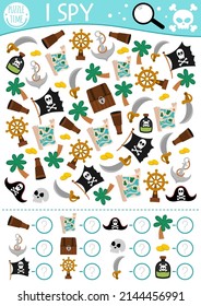 Pirate I spy game for kids. Searching and counting activity with pirate accessories and symbols. Treasure island hunt printable worksheet for preschool children. Simple sea adventure spotting puzzle
