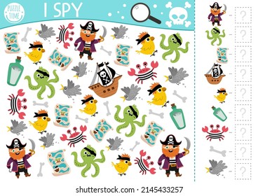 Pirate I spy game for kids. Searching and counting activity with pirates, animals, birds. Treasure island hunt printable worksheet for preschool children. Simple sea adventure spotting puzzle
