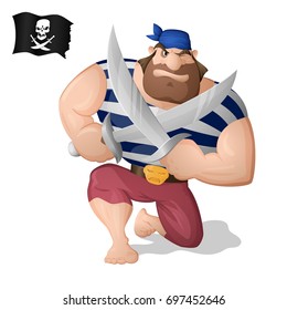 A pirate standing on his knee with two swords. Isolated from backgroung. Drawn in the cartoon style.