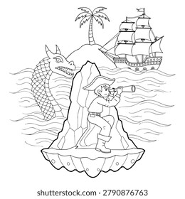 Pirate standing on rock looking through telescope at ship with sea monster