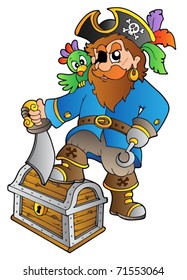 Piraten stehen auf Schatztruhe - Vektorgrafik.