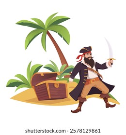 Pirate standing on a treasure island with sword drawn. Vector illustration