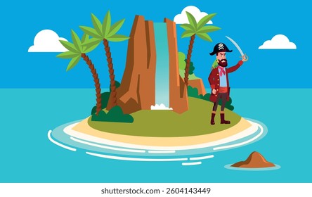 Pirate Standing on Tropical Island with Waterfall, Palm Trees, and Sandy Beach