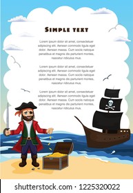 A pirate stands at the chest with gold on the seashore. Pirate ship with treasure in the sea. Template for text. Used as a diploma, invitation, greeting card or greeting for children's holidays.