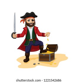 A pirate stands at the chest with gold. Pirate treasure. Funny cartoon character. Children's illustration.