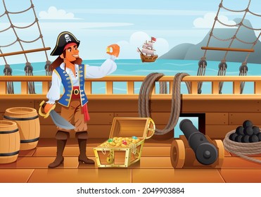 A pirate stands on the deck taking out a gem from a treasure chest cartoon vector illustration