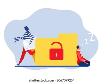 Pirate  steal data ,hacker attack on file while business sleeping vector illustration. Attack hacker to data, phishing and hacking crime