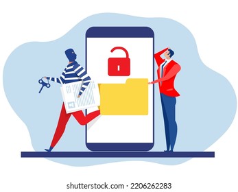 Pirate  steal data ,hacker attack on file while business sleeping vector illustration. Attack hacker to data, phishing and hacking crime