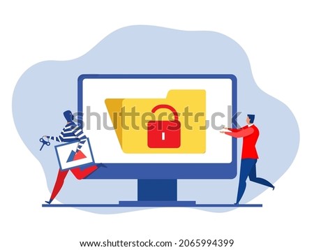 Pirate stealing creative art from laptop, maninfringement of copyright, piracy concept website design flat vector illustration.