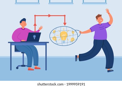 Pirate stealing creative ideas from man. Thief pirating content, bag with lightbulbs flat vector illustration. Plagiarism, infringement of copyright, piracy concept for banner, website design
