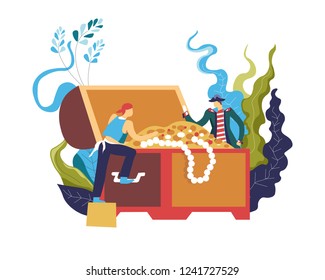 Pirate stealing treasury box full of wealthy objects