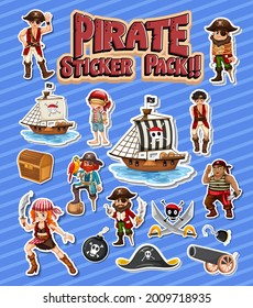 Pirate sticker pack set with cartoon character isolated illustration