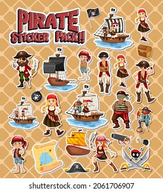 Pirate sticker pack set with cartoon character isolated illustration