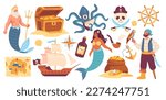 Pirate sticker set. Colorful patches with mermaid, neptune, treasure chest, treasure hunt map, pirate sailing ship, rudder and anchor. Cartoon flat vector collection isolated on white background