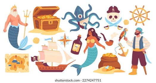 Pirate sticker set. Colorful patches with mermaid, neptune, treasure chest, treasure hunt map, pirate sailing ship, rudder and anchor. Cartoon flat vector collection isolated on white background