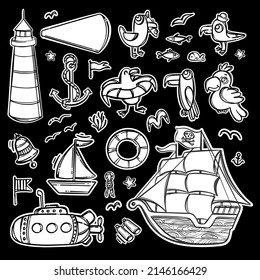 PIRATE STICKERS Nautical Theme Monochrome Hand Drawn Cartoon Travel Clipart Label Sea Vector Illustration Set On Black Backdrop For Print And Cutting Machines