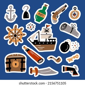 Camiones piratas. Conjunto de accesorios piratas: barco, botella, arma, mapa, pecho, ancla aislado. Colección dibujada a mano para diseño de fiesta, tarjetas, decoración.