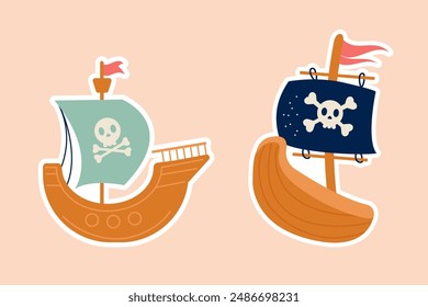 Pirate stickers ship collection flat style 