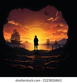 The pirate stood with his back in front of the cave. looking at the sunset with his pirate ship