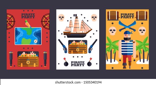 Pirate style party invitation, vector illustration. Symbols of piracy, simple flat banners. Set of colorful cards party announcement. Fun event with pirates accessories, treasure island quest scenario