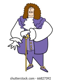 Pirate swashbuckler musketeer holding a sword while dressed in period clothing.