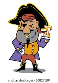 Pirate swashbuckler wearing an eye patch and a musketeer style hat and a hook for a hand while dressed in period clothing.