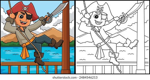 Pirate Swinging Coloring Page Colored Illustration