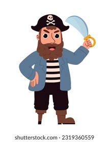Pirate with sword concept. Man with wooden leg, sword in hand, skull cap and eye patch. Adventure and travel. Poster or banner. Cartoon flat vector illustration isolated on white background