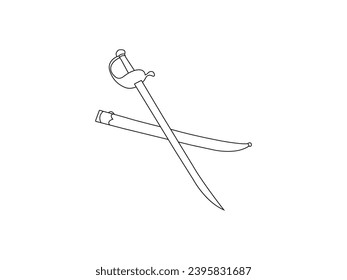 Icono de la espada pirata. Contorno icono de vector de espada pirata para el diseño web aislado en fondo blanco. Signo de sable de vector de línea, símbolo para web y móvil. icono de esquema de sable del concepto de armas. Eps 10.