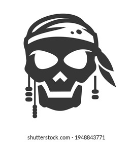 Pirate symbol, avatar bold black silhouette icon isolated on white. Skull in bandana pictogram, logo. Dangerous caribbean sailor, dead captain, corsair vector element for infographic, web.