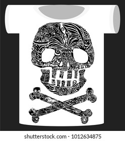 pirate symbol Jolly Rogers Decorative ornamental vector emblem on t shirt with text for decorative works or other print  