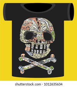 pirate symbol Jolly Rogers Decorative ornamental vector emblem on t shirt with text for decorative works or other print  