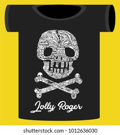 pirate symbol Jolly Rogers Decorative ornamental vector emblem on t shirt with text for decorative works or other print  