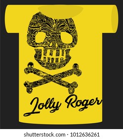 pirate symbol Jolly Rogers Decorative ornamental vector emblem on t shirt with text for decorative works or other print  