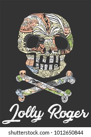 pirate symbol Jolly Rogers Decorative ornamental vector emblem on poster with calligraphy text for decorative works. book cover or other print