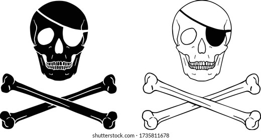 Símbolo pirata: cráneo y cruz con parche - dibujo vectorial