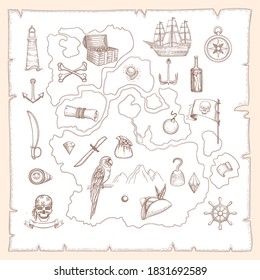 Pirate symbols. Ancient old map of treasures medieval sea ships and weapons old ocean creatures vector nautical objects