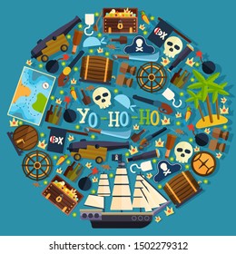 Pirate symbols and attributes in round frame composition vector illustration. Flat icons of piracy, simple cartoon style isolated items. Cover for pirates adventure story. Treasure chest, ship and map