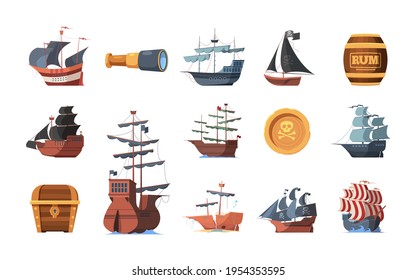 Pirate symbols. Old ships of looters and invaders parrot spyglass hook prey garish vector boats of pirates