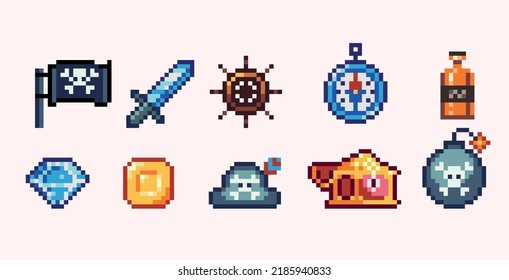 Pirate Symbols Pixel Art Set. Treasure, Black Flag, Rum, Compass, Weapon And Bomb Collection. 8 Bit Sprite. Game Development, Mobile App.  Isolated Vector Illustration.